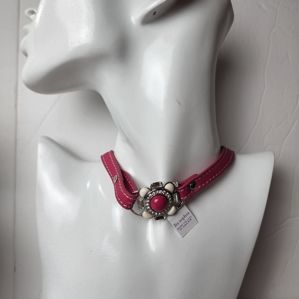 LIA SOPHIA HOT PINK RHINESTONES LEATHER CHOCKER NECKLACE NEW‎ SUMMER VACATION